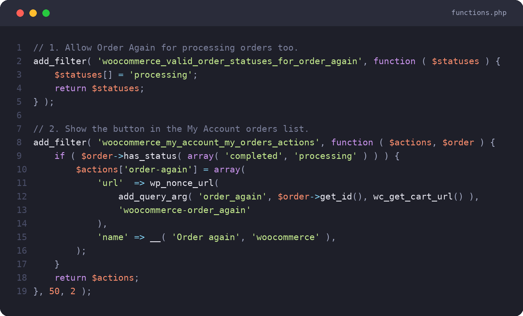 PHP code to add a WooCommerce reorder button to My Account orders